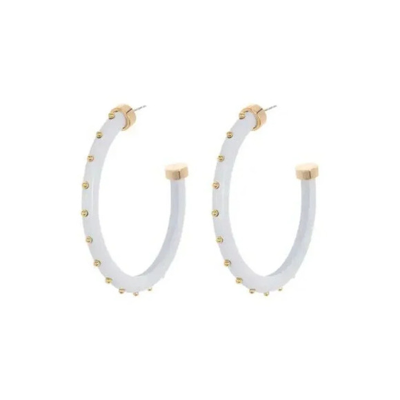 Vince Camuto Large White Metal Gold Round Studded Accent Open Hoop Post Earrings - Picture 4 of 4